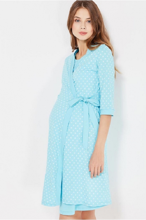 1-НМК 07720 Комплект (сорочка + халат) для беременных и кормящих голубой/белый