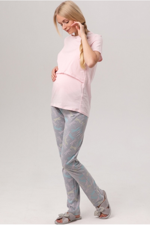 7ЕМ2308-51134 Пижама для беременных и кормящих женщин розовый/серый